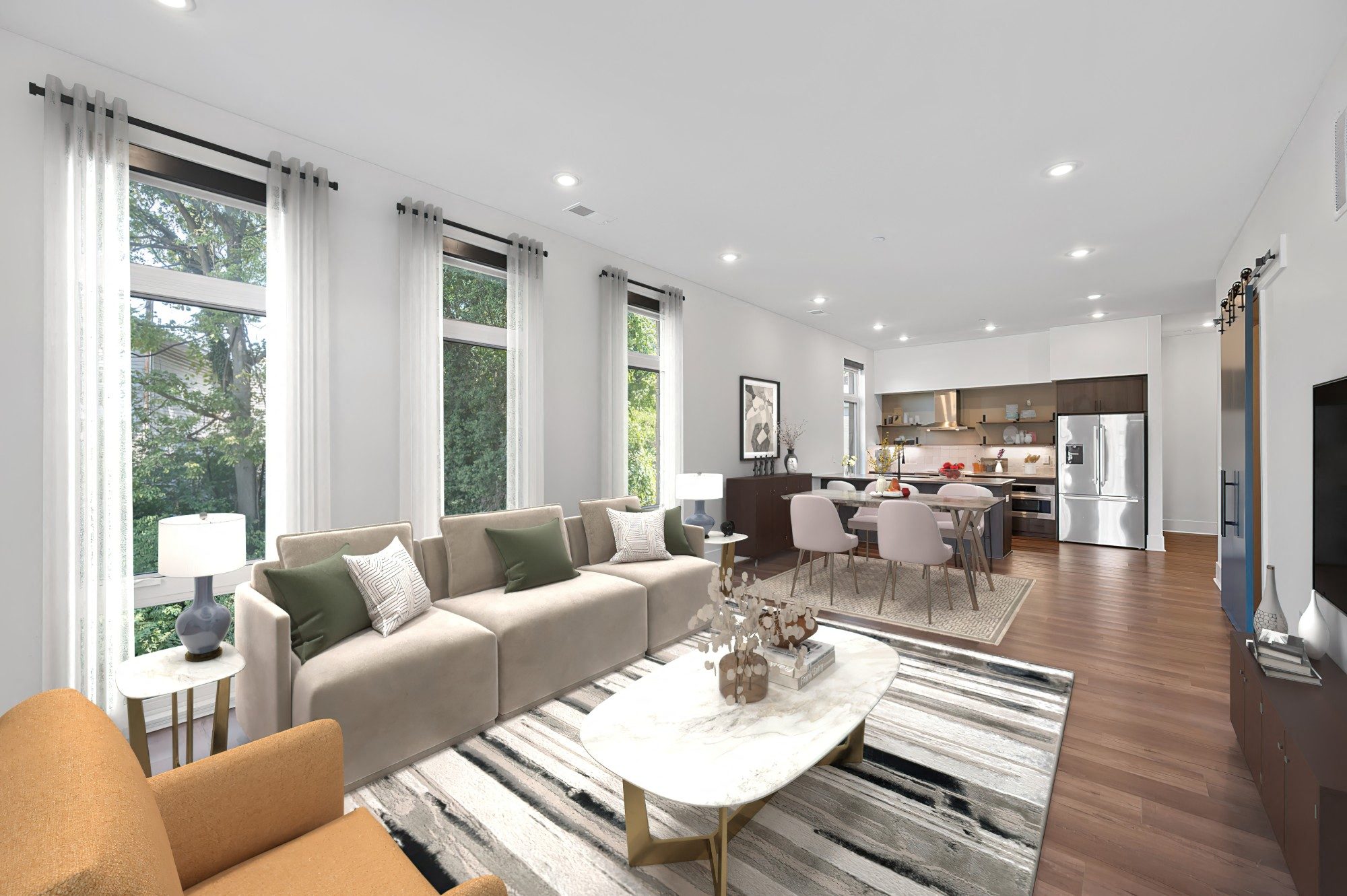 a living room with a couch and a table